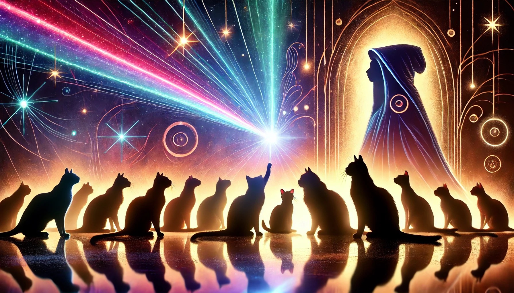 Alt Text: "Silhouettes of diverse cats attentively following a vivid, glowing laser pointer beam, symbolizing unity, clarity, and magic, leading them along an illuminated path beneath a mystical, starry backdrop."