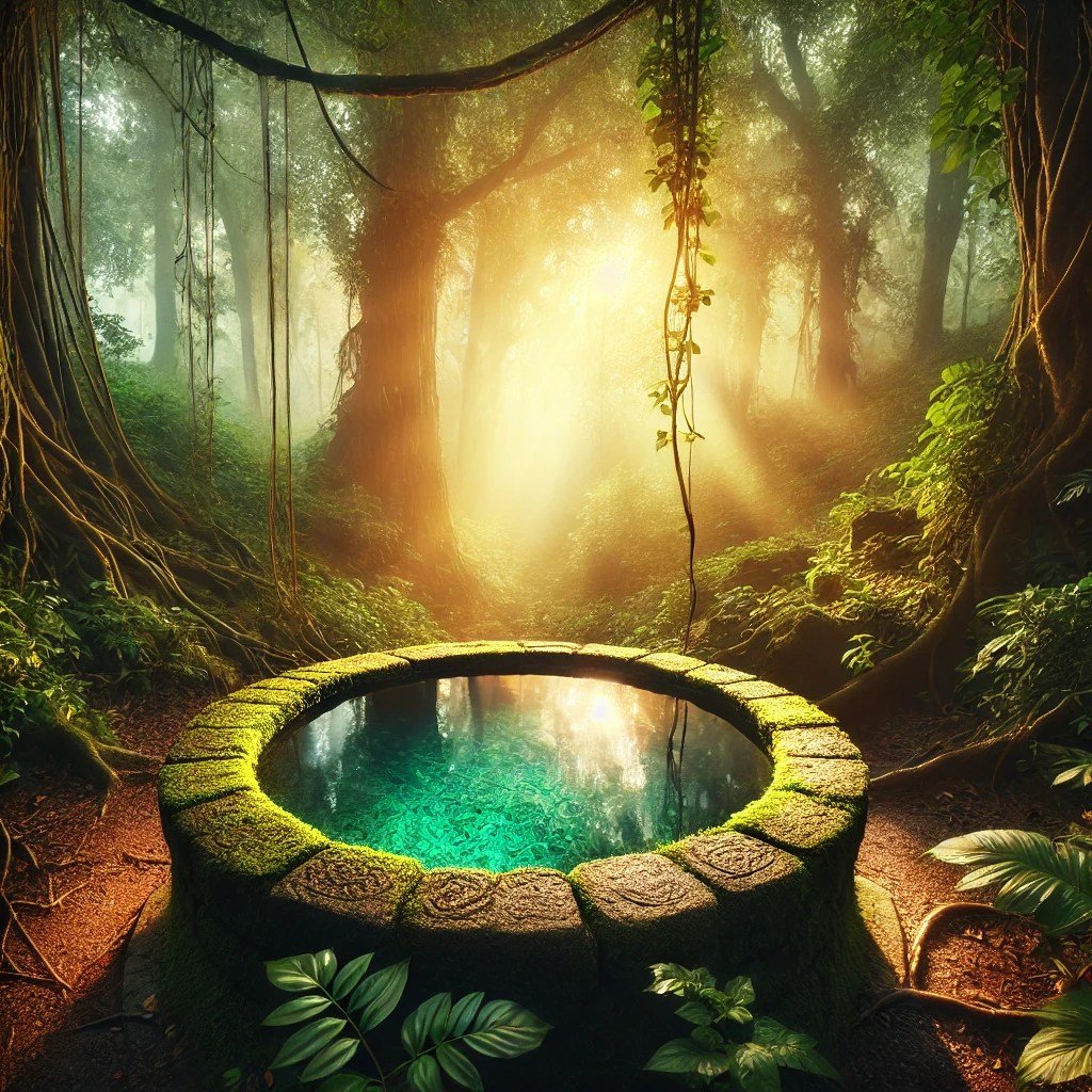 An ancient mystical well in a lush forest, surrounded by moss-covered stones and glowing with a soft ethereal light. The crystal-clear water reflects the golden hues of dawn, creating a serene and enchanted atmosphere, evoking a sense of spiritual renewal and connection.