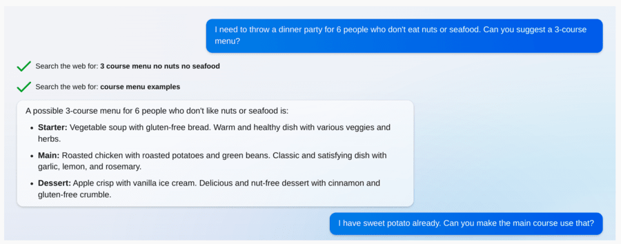Screenshot of Bing chat
