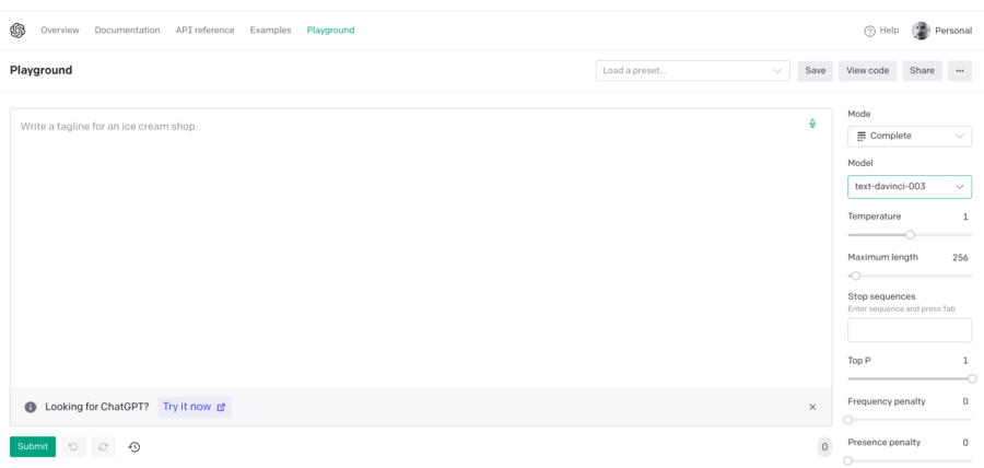 Screenshot of Open AI Playground