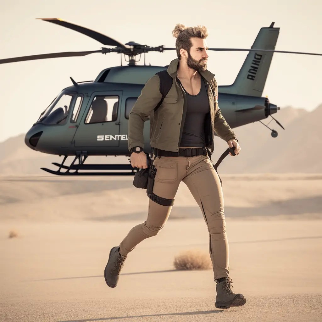 Man in front of helicopter