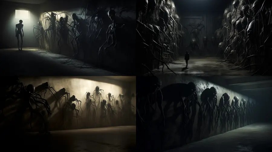 AI generated image of dark lit wall emphasised by long shadows, small other worldly creatures occupy the cracks. The all flows like an HR Giger set
