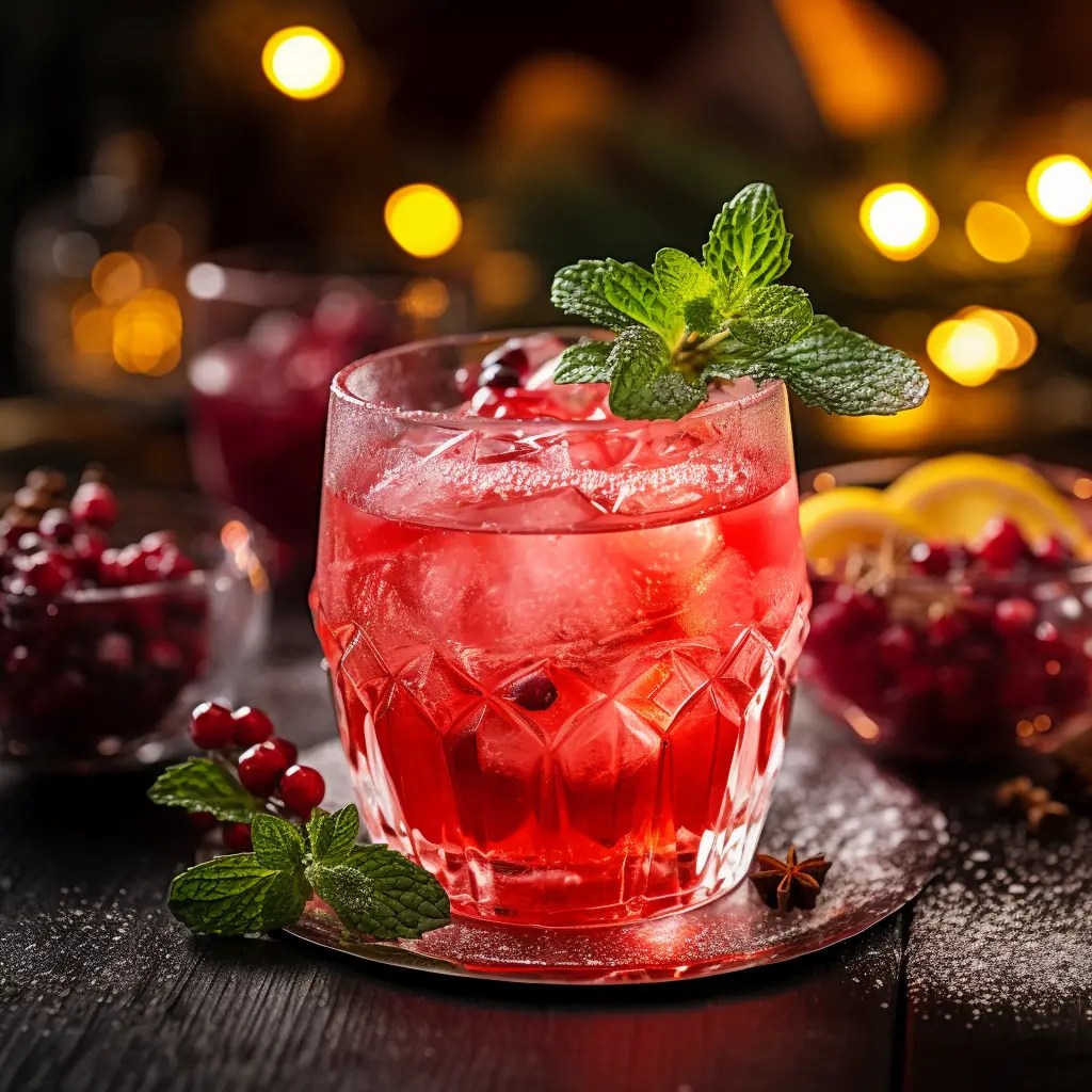 A crystal-clear glass filled with sparkling cranberry punch, garnished with a sprig of mint and a slice of orange. The glass sits atop a silver coaster, with twinkling fairy lights and snowflakes in the backdrop.