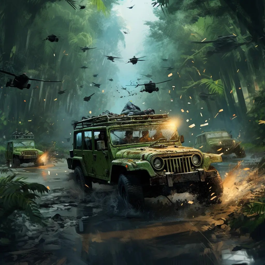 Midjourney generated image of A rugged green jeep with mud splatters, navigating through a dense rainforest with birds flying overhead.