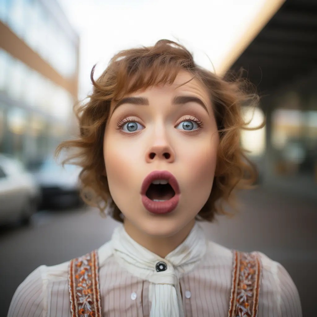 a playful, slightly exaggerated pout. The wide-angle lens should emphasize the subject's lips and the quirky expression they're pulling.