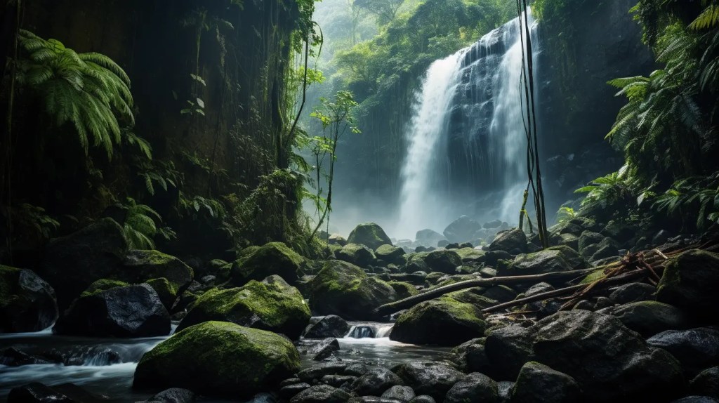 a dramatic cascading waterfall surrounded by lush greenery. Foreground with shimmering rocks and moss, midground with the powerful waterfall creating a mist, and a background of a dense tropical jungle