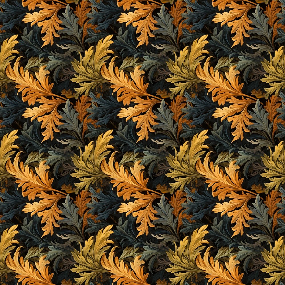 a repeating pattern as if the sentiment of nostalgia transformed into a forest in autumn, capturing the essence of William Morris with swirling golden leaves