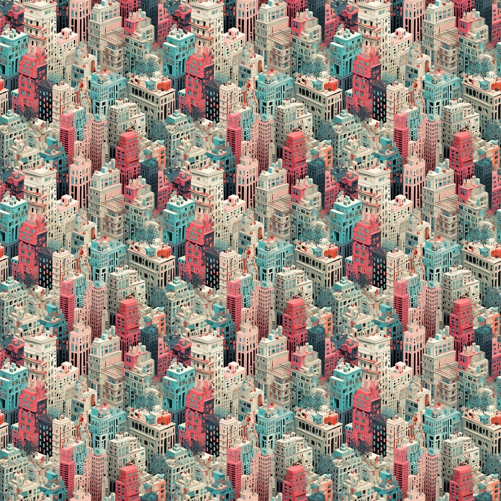 a bird's-eye view of a city's millennia-long evolution as a repeating pattern. Transitioning from stone structures to shimmering futuristic skyscrapers, capturing the imaginative spirit of Marthe Armitage