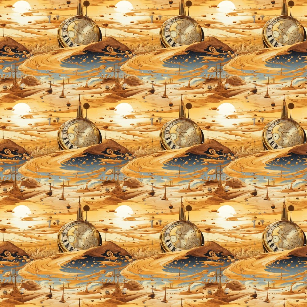 a continuous desert scene where melting Salvador Dali-esque clocks overlay dunes, and beneath, galaxies glow, all in the intricate style of Timorous Beasties