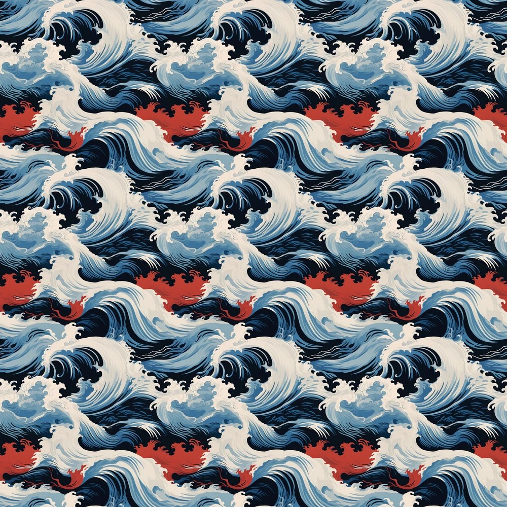 a continuous wave pattern, driven by profound sorrow, where cresting waves collide and intertwine, resembling the fluidity and emotion in Zoffany's designs