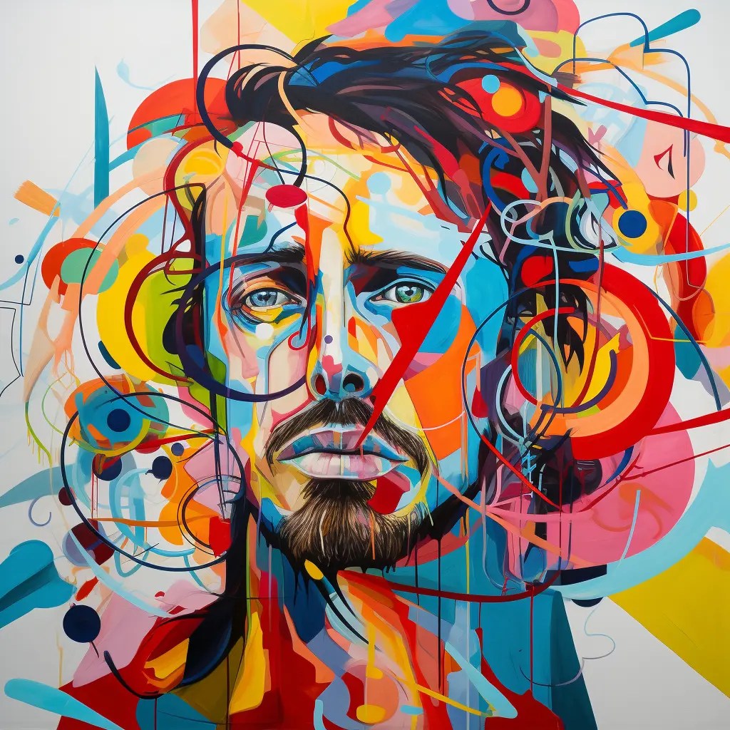 An abstract representation of a man, composed of geometric shapes and bold lines, bursting with primary colours