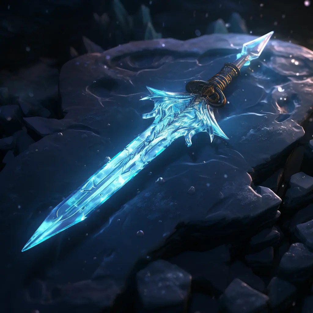 a glowing sword encased in ice