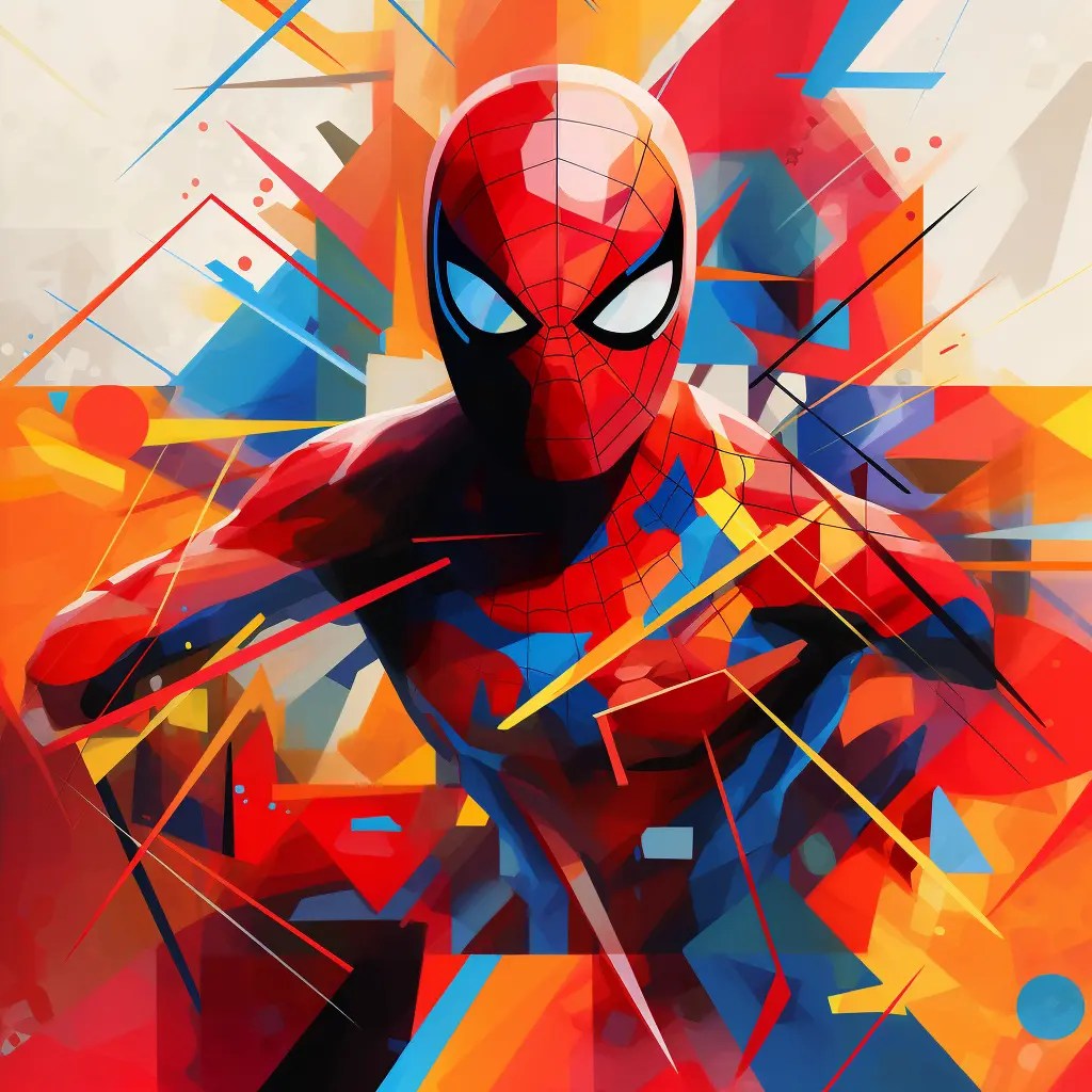 an abstract representation of Spider-Man, using bold colors and geometric shapes that only hint at the iconic superhero