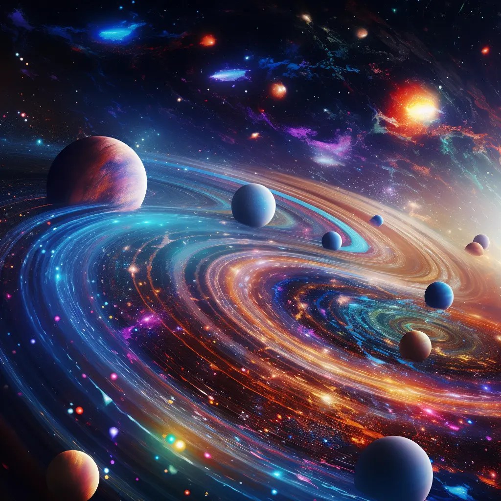 A cosmic scene with a spiralling galaxy overhead