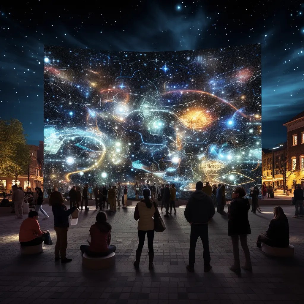 an interactive mural in a busy city square that changes its visuals based on the time of day. By day, it shows a bustling urban scene in pastel tones; by night, it transforms into a luminous, starry dreamscape with galaxies and constellations