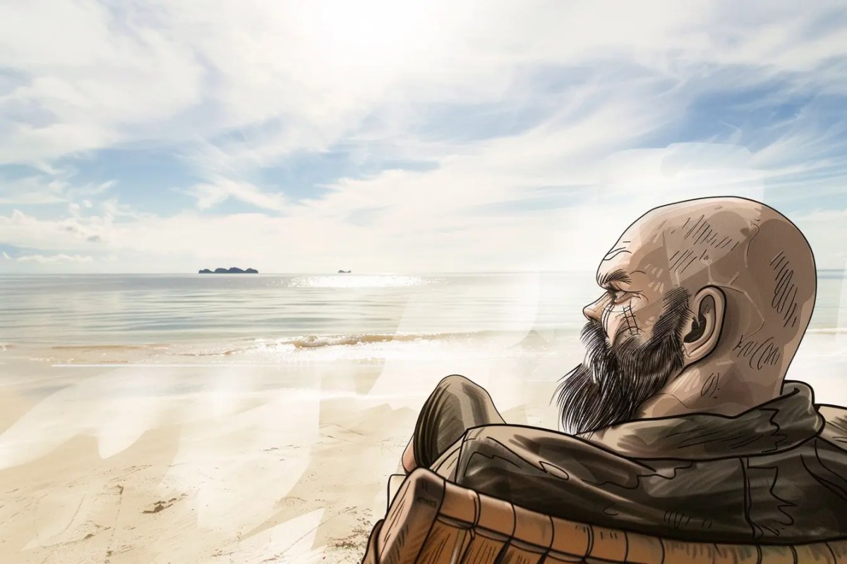 Character reference relaxing on a beach. Created in Midjourney.