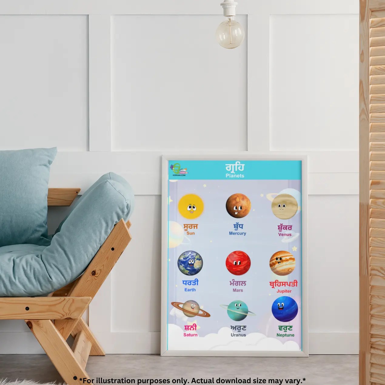 A chart of planets' names stands on the floor against the wall and there is a wooden sofa on the floor.