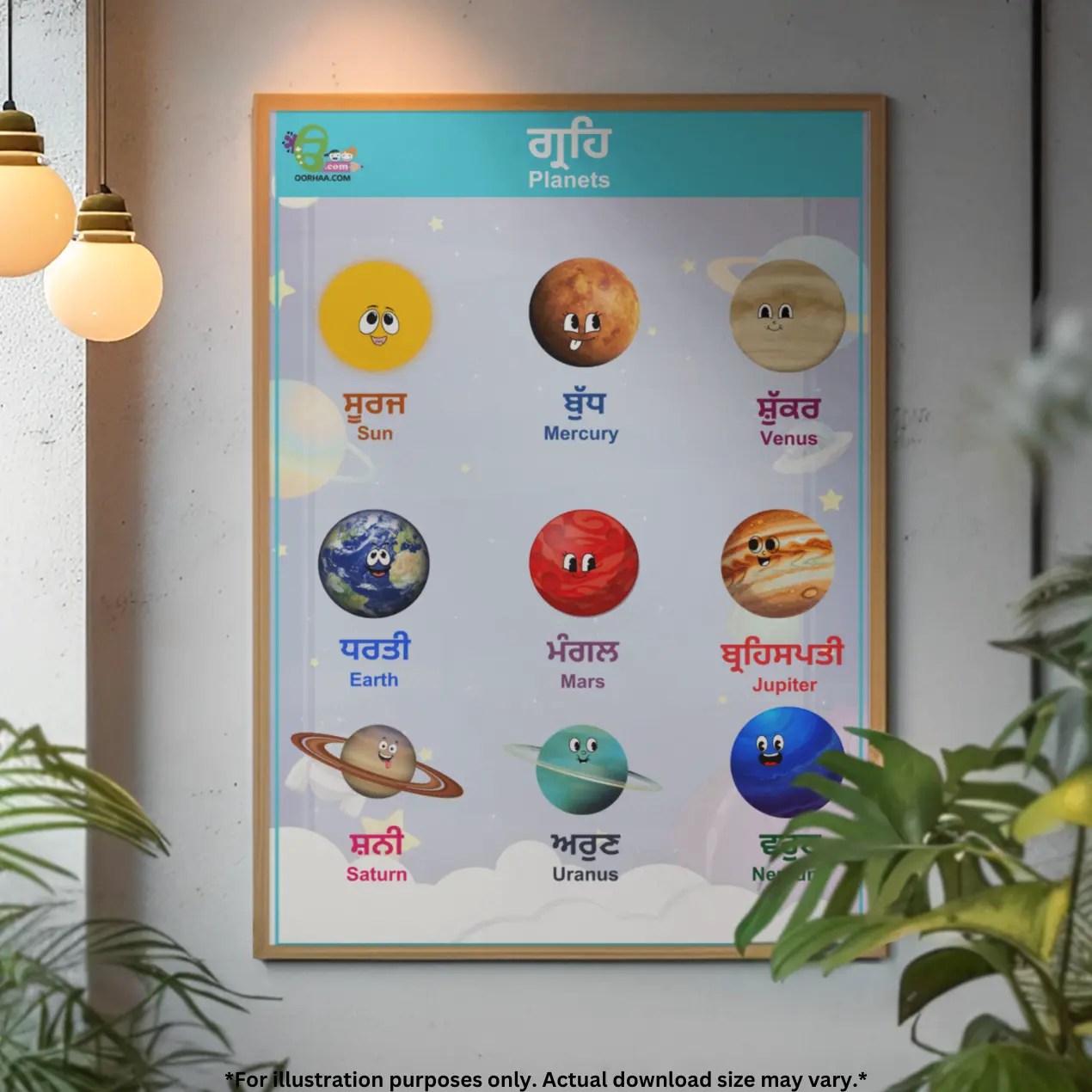 A framed chart of planets hangs on the wall and there are some decorative lights and some plants on the floor.