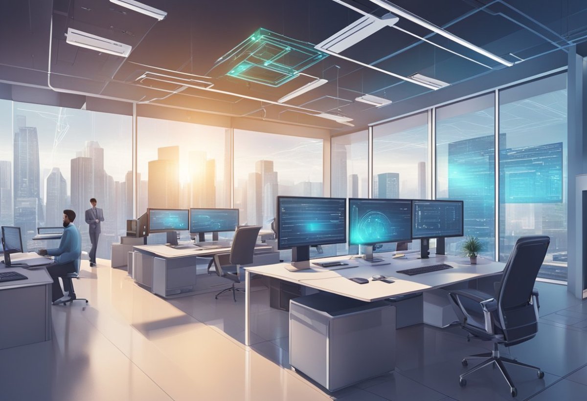 A futuristic office setting with AI algorithms seamlessly integrating with ERP systems, transforming business operations