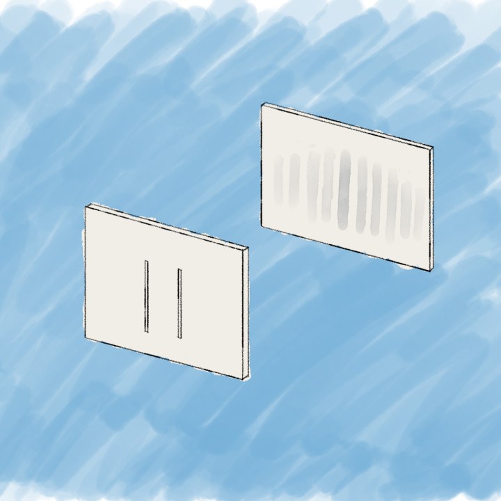 Figuur 2. Het typerende interferentiepatroon voor golfachtige fenomenen wordt zichtbaar op het tweede scherm wanneer vrije elektronen door de twee spleten vliegen.