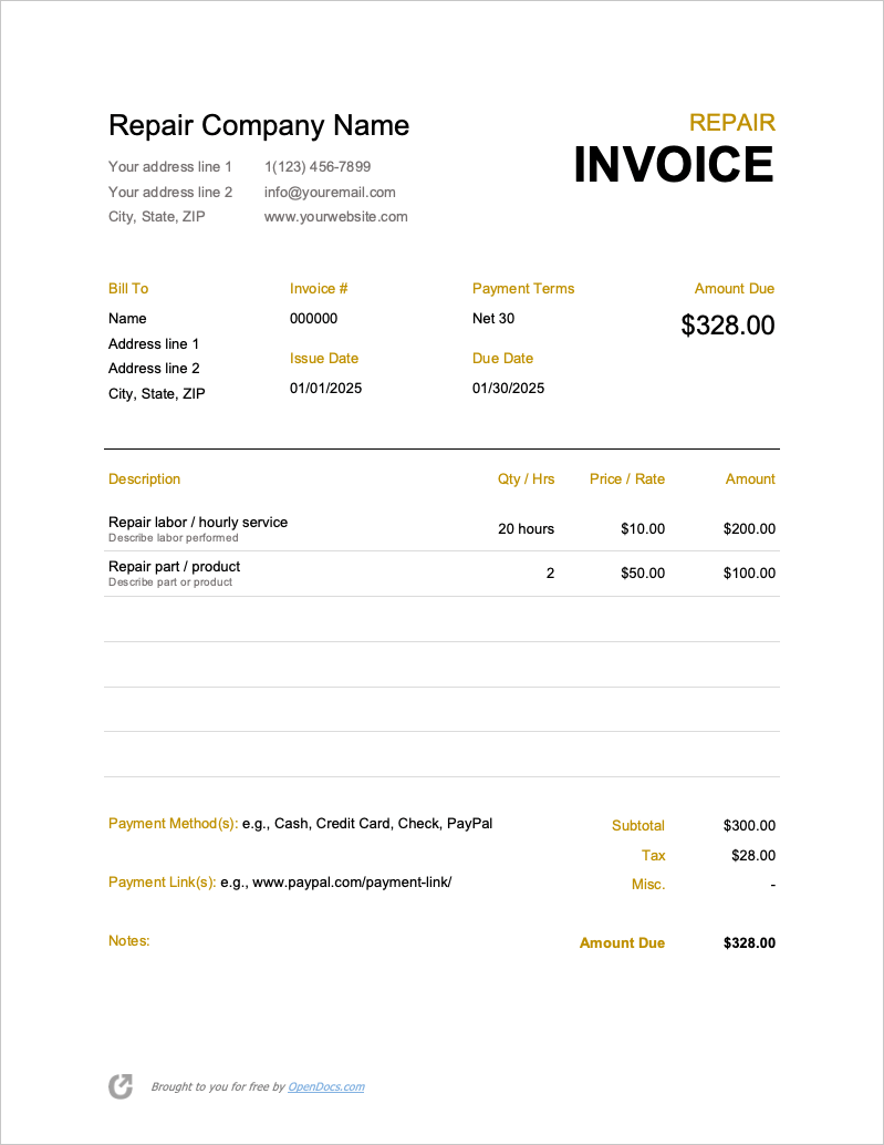 Automotive Repair Invoice Template Free