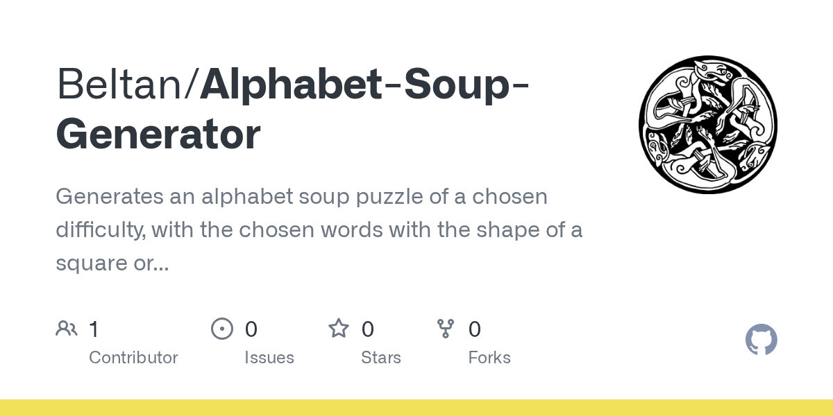 A random alphabet has 26 letters in a random order (shuffle often difficult to memorize). Github Beltan Alphabet Soup Generator Generates An Alphabet Soup Puzzle Of A Chosen Difficulty With The Chosen Words With The Shape Of A Square Or A Circle