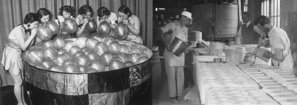 women from the 1920s blowing up balloons to fill a large container; two men in the 1930s pouring water into pitchers