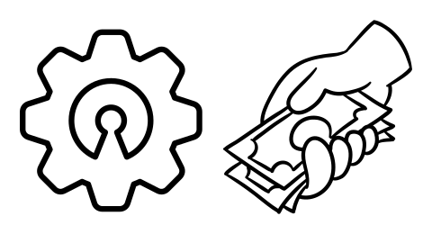 Two icons. One on the left depicting a version of the open source logo, the right one is a hand holding a pile of money.