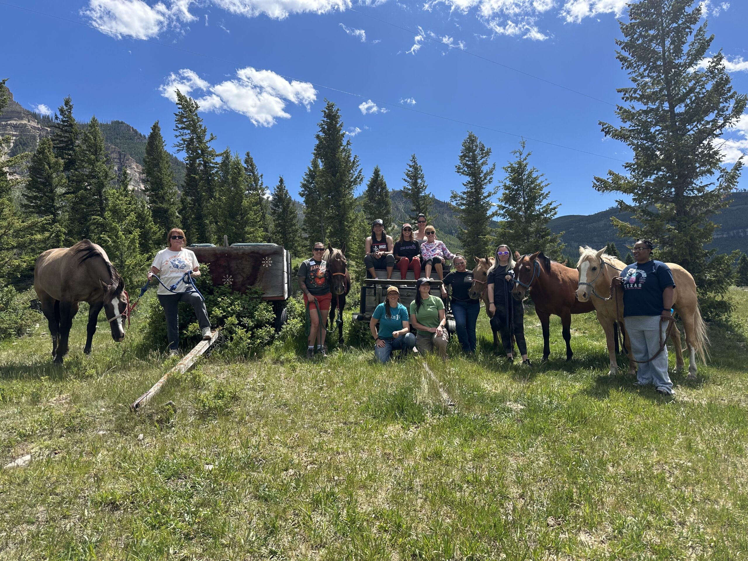 Operation Juliet retreat attendees with horses following an equine experience