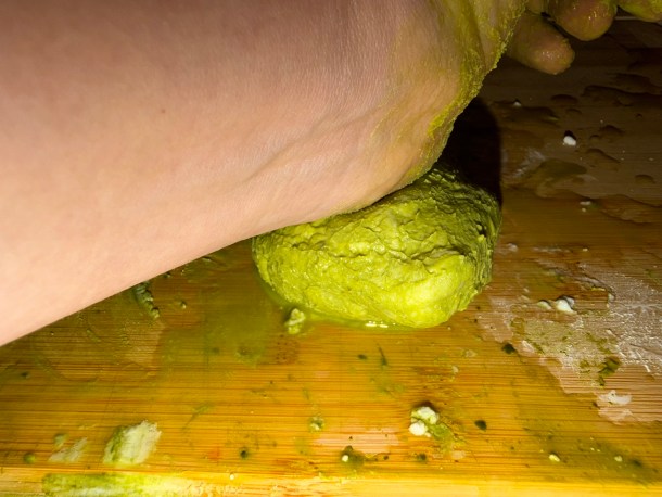 Cooking Eorzea | Kneading the matcha into the dough ball.