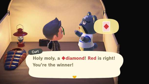 Curt telling me the suit of the card he drew in Animal Crossing: New Horizons.