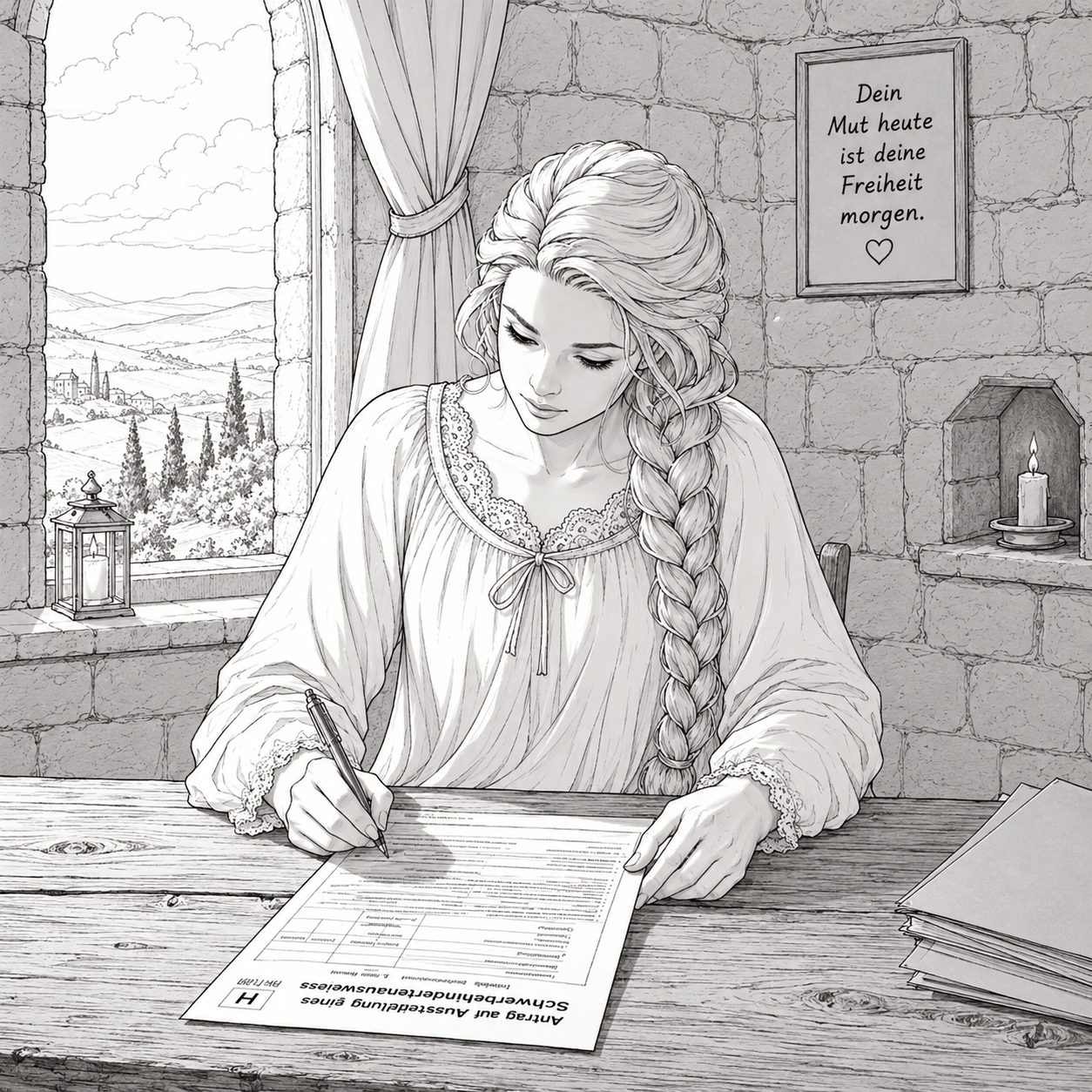 Rapunzel sitzt in ihrem Turm am Tisch und füllt den Antrag auf Opferentschädigung aus.