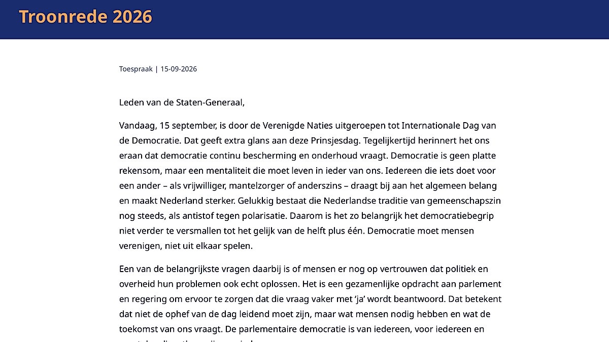 Titelfoto bij artikel Troonrede 2026: vlucht in vaagheid Opiniez nieuwsanalyse