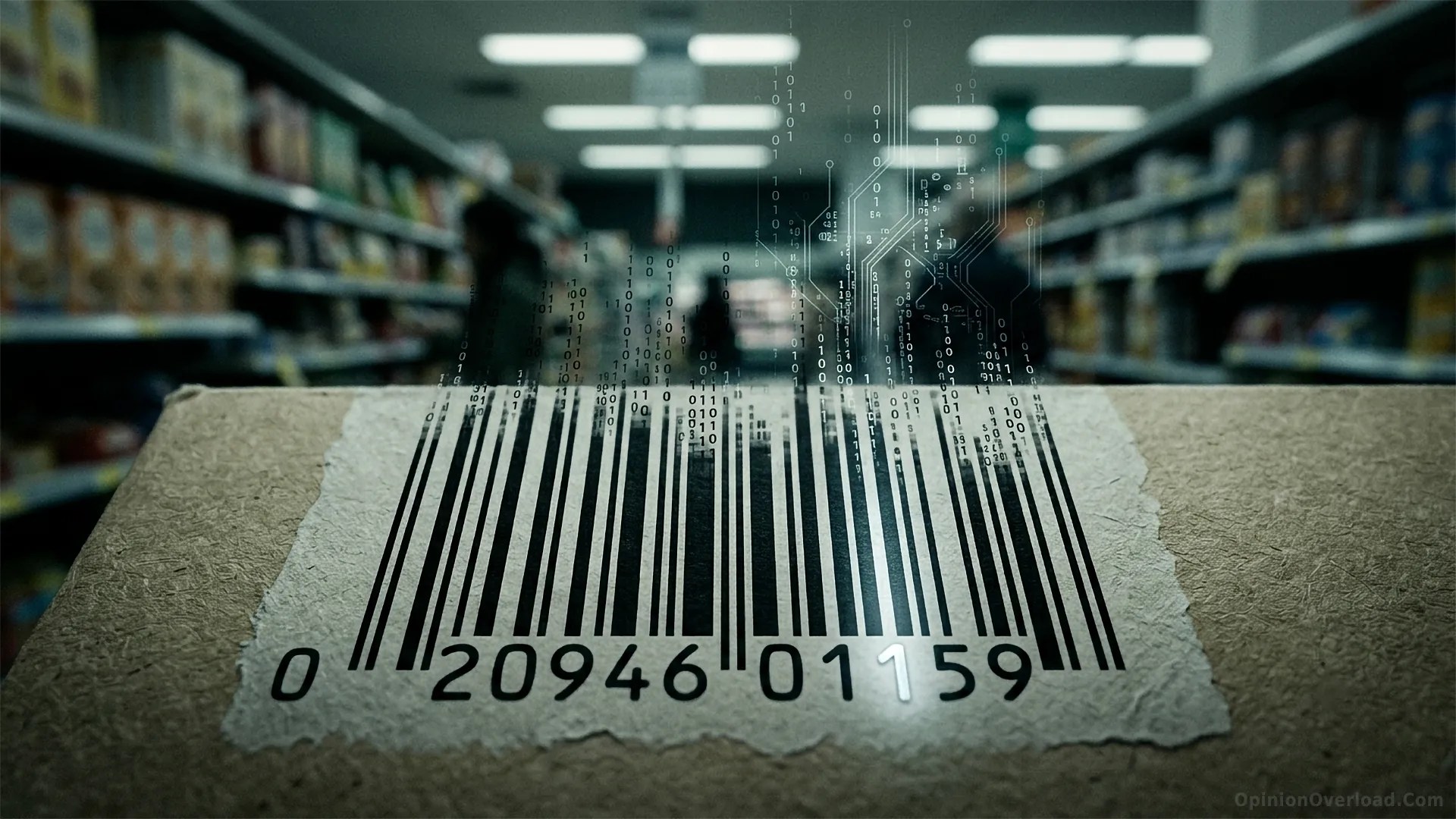 Macro photo of a UPC barcode on a cardboard box, with the black bars turning into floating digital binary numbers in a dark supermarket.