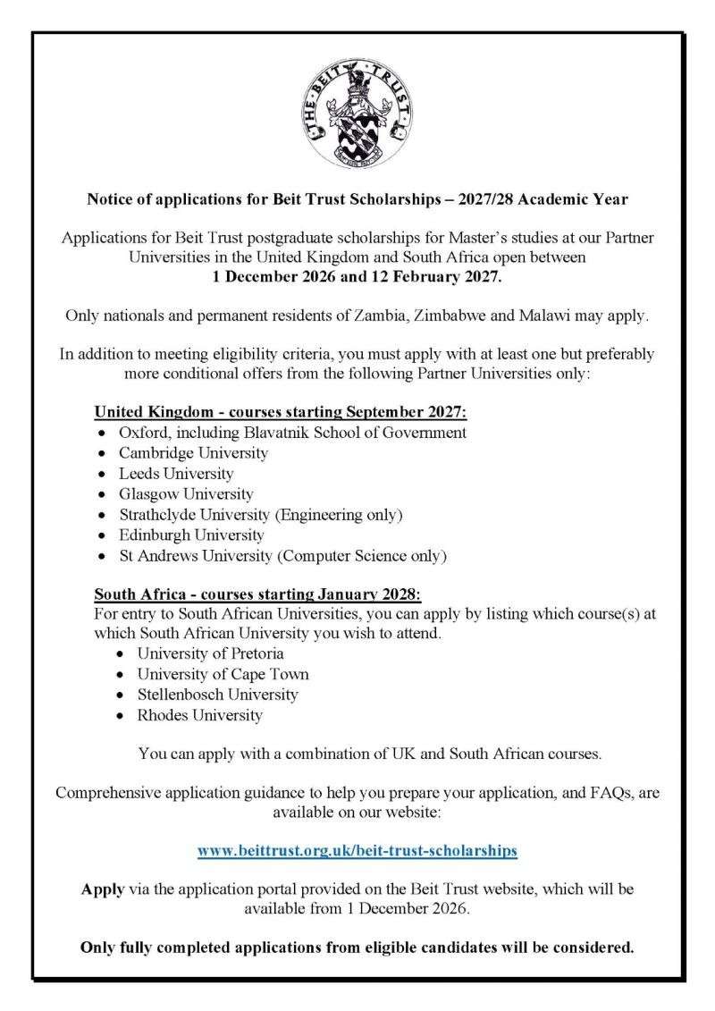 Beit Trust Scholarships 2027/2028: Fully Funded Postgraduate Master’s Scholarships at Top Universities in the UK and South Africa