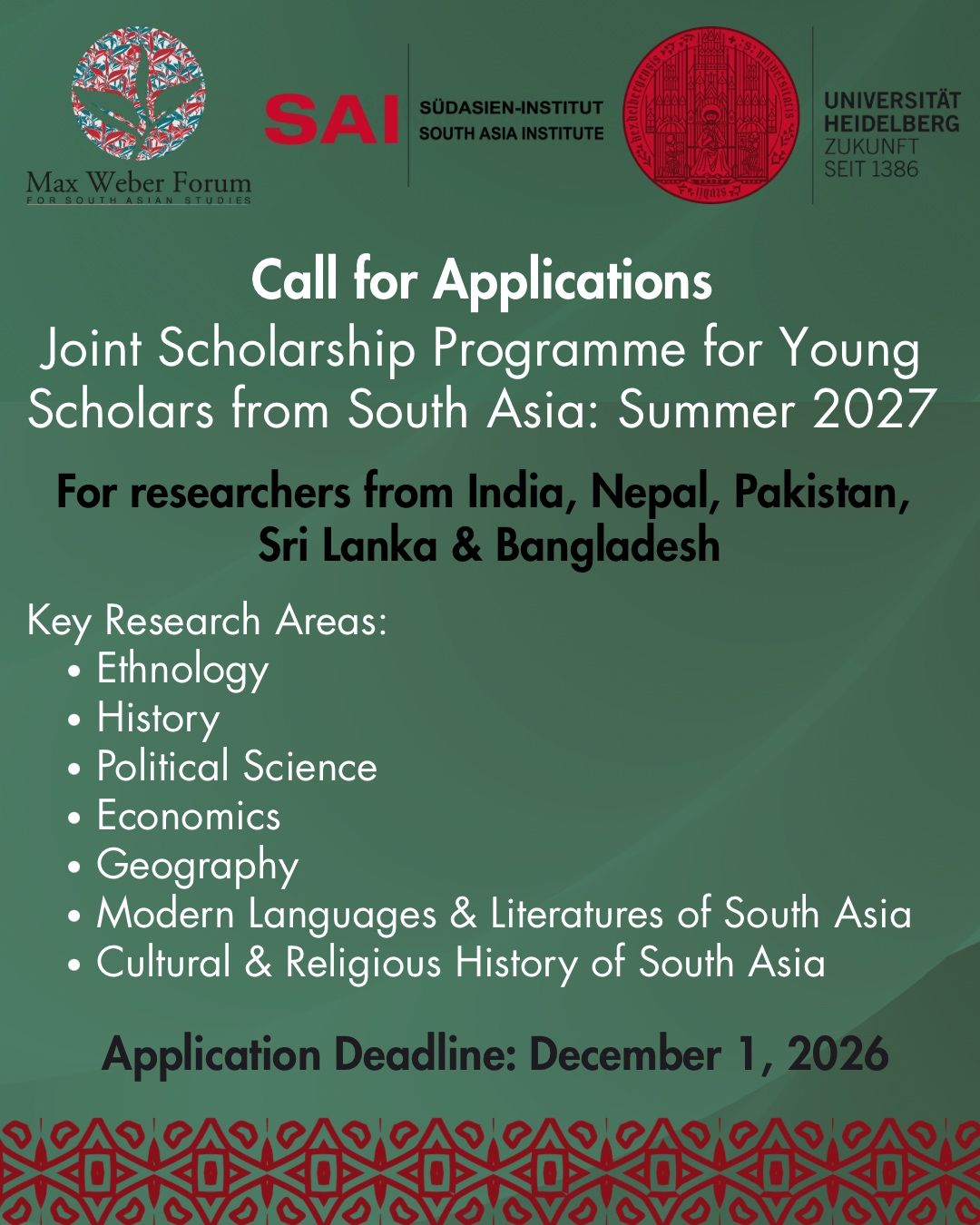 Heidelberg University Joint Scholarship Programme 2027: Fully Supported 3-Month Research Fellowship for Young Scholars from South Asia - Opportunities for Youth