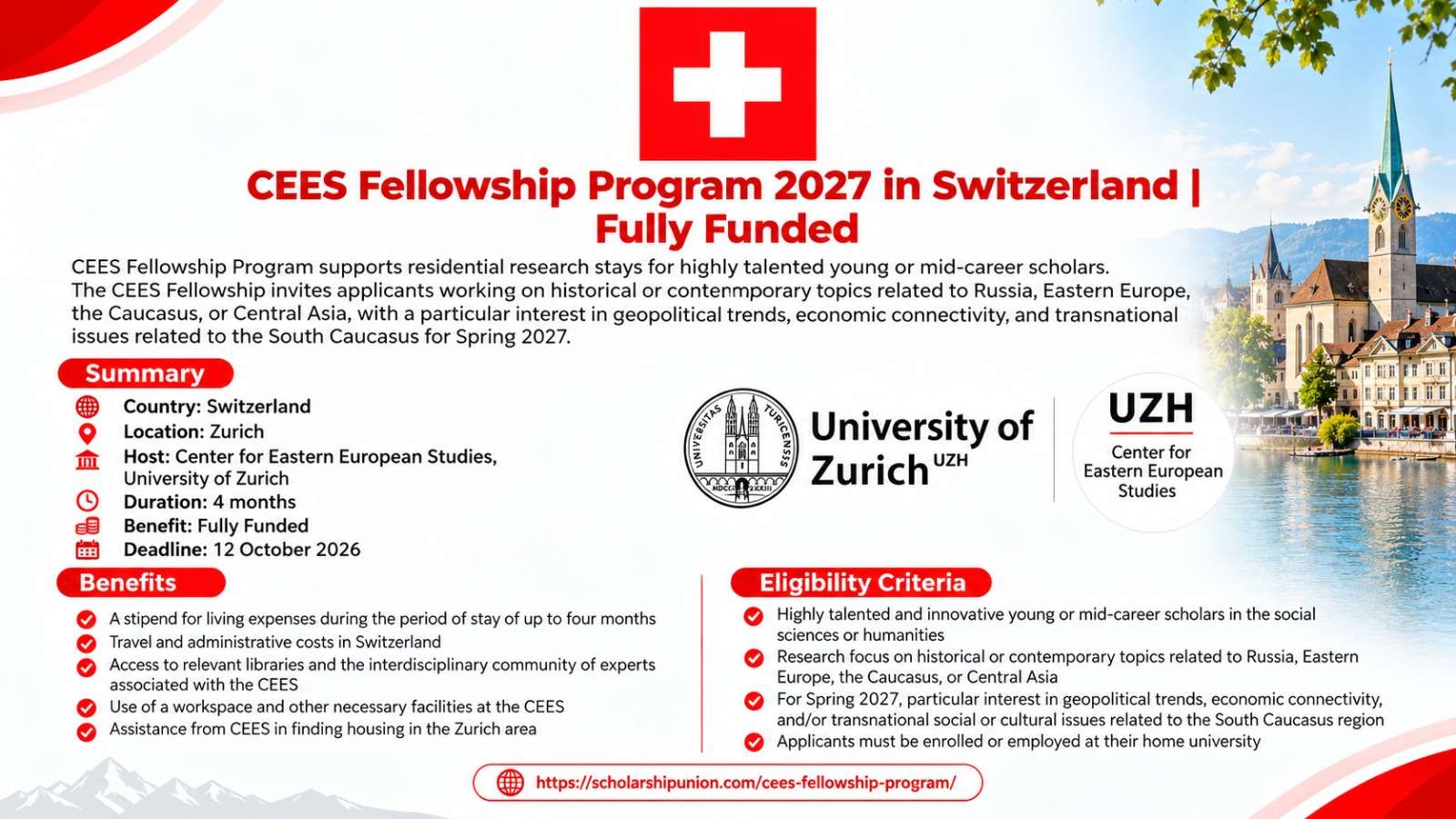 CEES Fellowship Program 2027 at University of Zurich | Fully Funded Residential Research Fellowship