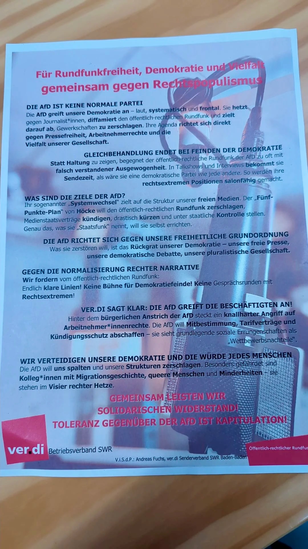 Ver.di hetzt mit Flugblatt in SWR-Kantine gegen AfD