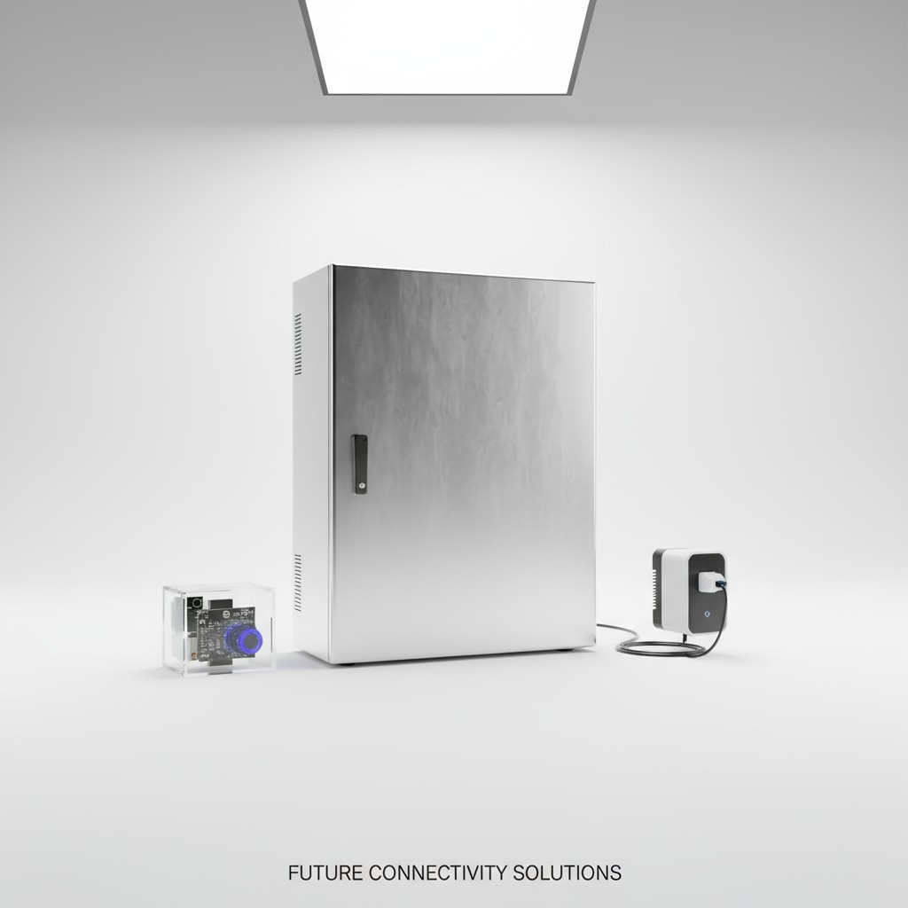 A white, square smart, connected thermostat light fixture is suspended at the top of the image. Three other small devices ...