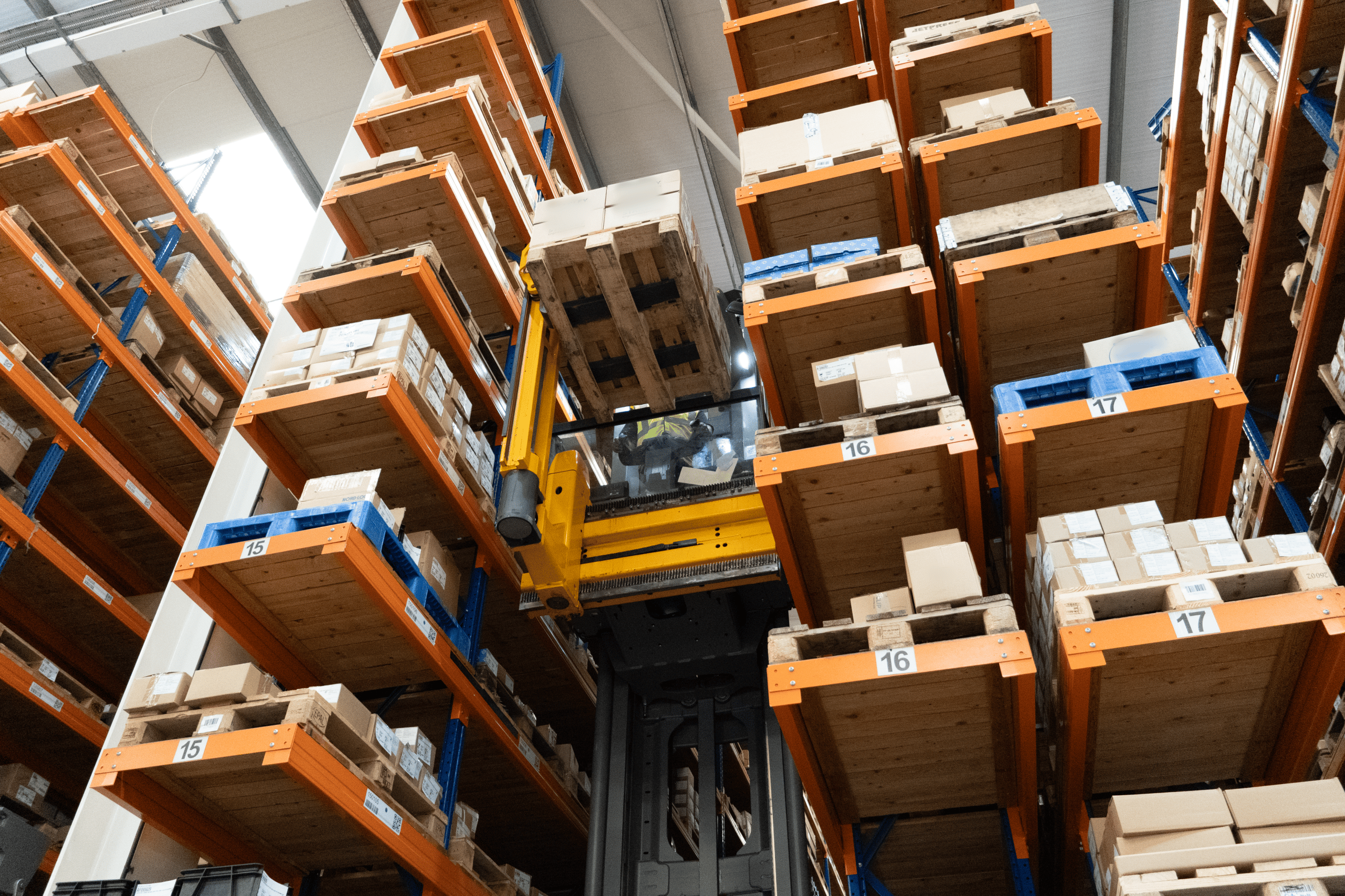 Warehouse team picking stock from racking