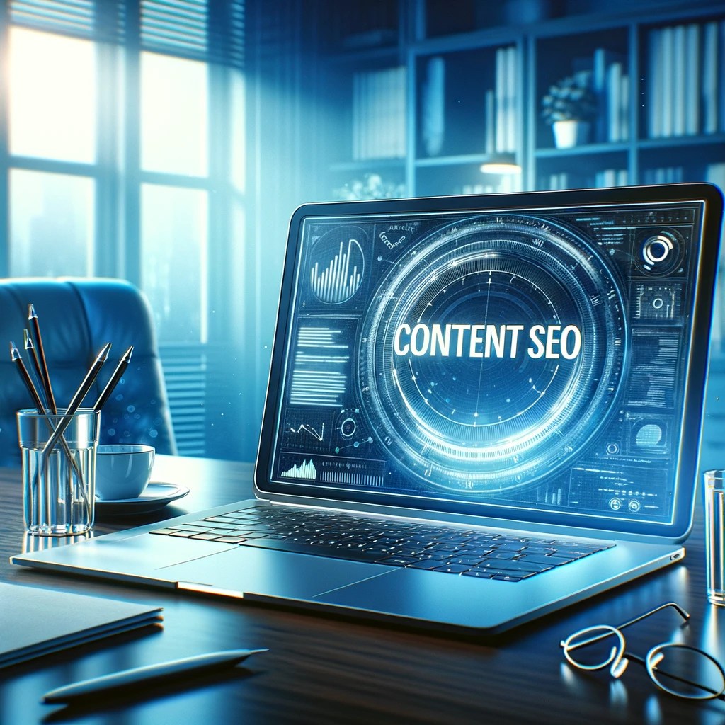 Laptop with blue undertones with content SEO verbiage on screen