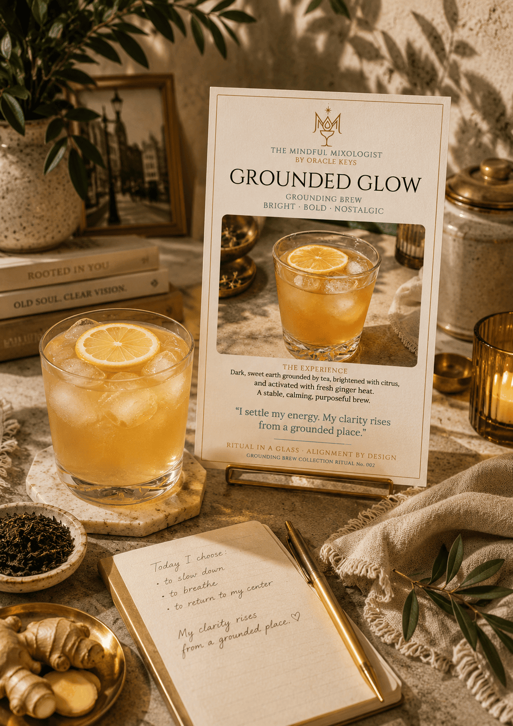 Grounded Glow Grounding Brew with the Ritual Card on a sunny day with a journal