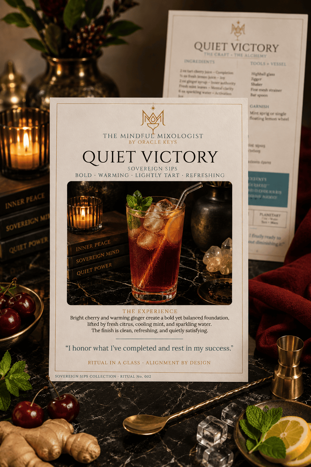 Quiet Victory Ritual card on a table with cherries, ginger and barware.