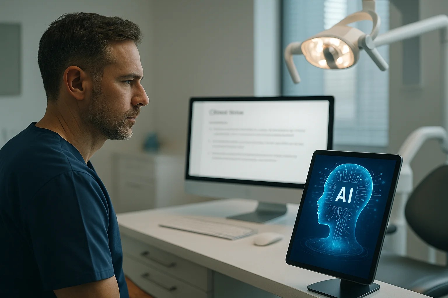 Dentist in a modern operatory looks at a tablet displaying an AI interface, with a computer monitor showing clinical notes in the background.