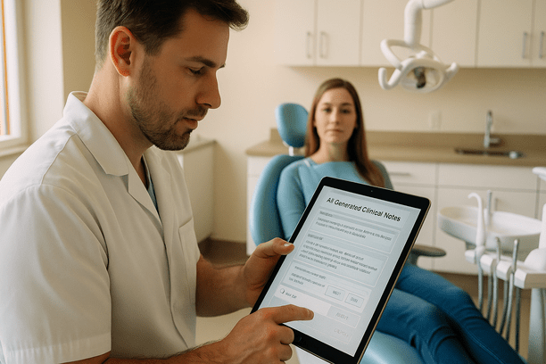 A dentist reviewing AI-generated clinical notes on a tablet in a modern dental office, engaging with the screen while a patient sits nearby in the chair, surrounded by clean, white cabinets and dental equipment. Warm natural light fills the room, and a digital interface shows transparent note-editing features, sign-offs, and real-time suggestions, reflecting explainability and human oversight. The image must be natural, realistic, in 2018, style raw, 8K, taken on iPhone, --ar 16:9