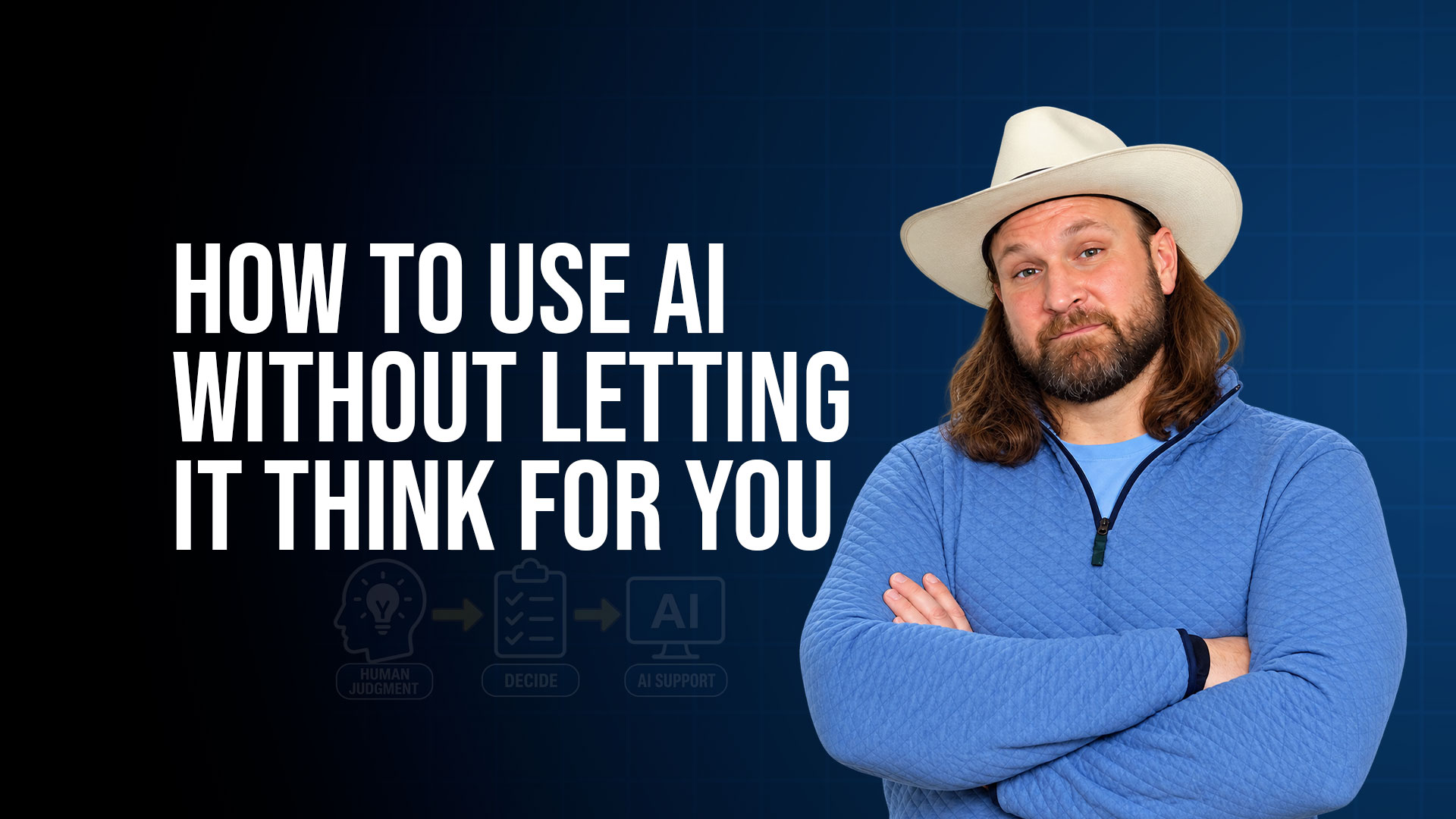 Man in cowboy hat presenting artificial intelligence concept on blue background