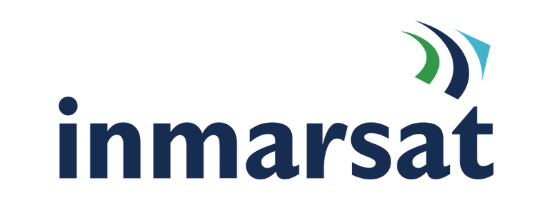 Inmarsat logo: blue lowercase wordmark with a teal and green curved arcs symbol at the top-right.