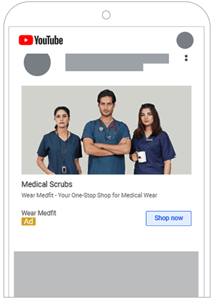 A YouTube advertisement for "Medical Scrubs" by "Wear Medfit." The ad features three individuals in medical scrubs.
