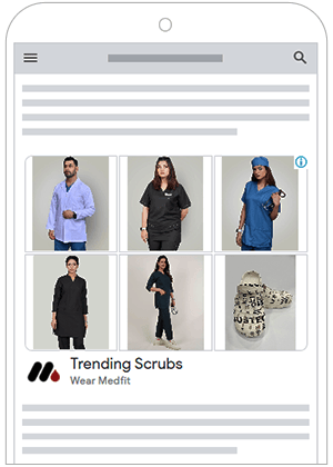 A mobile phone screen displaying an advertisement for "Trending Scrubs" by "Wear Medfit." The ad shows a grid of six images featuring diverse models wearing medical scrubs and a pair of medical clogs.