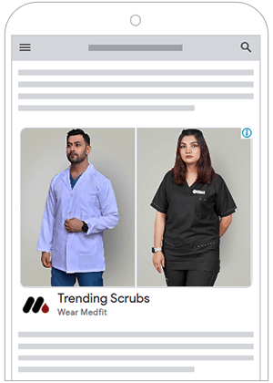 A mobile phone screen displaying an advertisement for "Trending Scrubs" by "Wear Medfit." The ad features a man in a white lab coat and a woman in black scrubs.